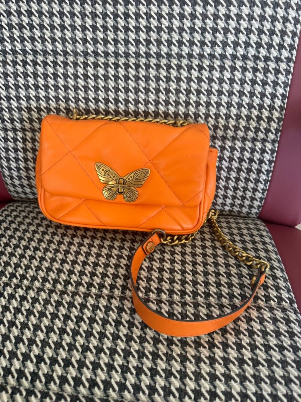 Steve Madden Orange Quilted Crossbody Bag Butterfly Hardware Chain Strap